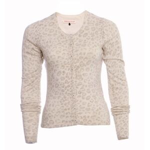 Rebecca Taylor Cream With Grey Leopard Print Silk Cashmere Blend Button Cardigan